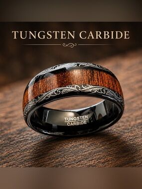 8MM Men’s Wedding Band | Black Tungsten Carbide Ring | Koa Wood Inlay